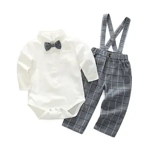 2021 Nieuwe Lente Pasgeboren Baby Kleding Wit Katoenen Shirt Romper Top En Plaid Riem Broek 2 Stuks Baby Jongens Gentleman kleding Sets