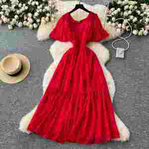 Vestido midi casual de verano vintage con cuello cuadrado, de gasa tejida, corte A, ajustado, para mujer, con cintura imperio - Product Image 1