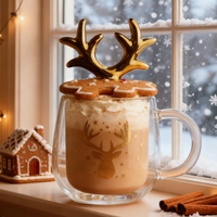 Vente en gros de tasses à souhaits de Noël de 340 ml, en verre borosilicate à double paroi, en forme de bois de cerf dorés, avec couvercle sans BPA, anti-fuite