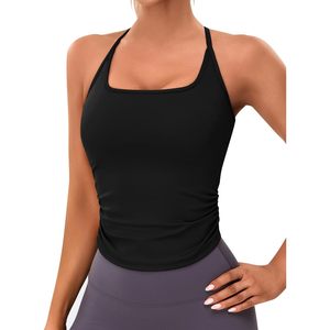 FOXA Womens Workout Tank <b>Top</b> Built-In Bra Ruched Square Neck <b>Crop</b> <b>Top</b> Yoga Gym Athletic Shirt Sweat-Wicking Breathable Quick Dry - Product Image 1
