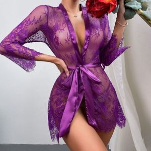 Conjunto de Lencería de Encaje con Bordado para Mujer, Camisón Largo de 2 Piezas, Color Morado, con Cinta, Ropa de Dormir Transparente - Product Image 2