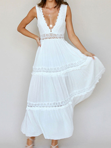 Robe longue décontractée d'été en satin pour femme, respirante, col en V, sans manches, avec empiècements en <span class=keywords><strong>dentelle</strong></span>, logo brodé sur le devant, taille naturelle, couleur unie - Product Image 2
