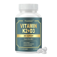 Comprimés de Vitamine D3 K2 MK-7 certifiés GMP, vente en gros en Chine, marque privée, 5000 UI D3 + 90 mcg K2, compléments alimentaires pour renforcer le système immunitaire