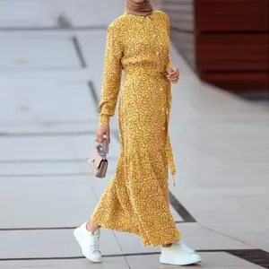 فستان إسلامي تركي بتصميم فاخر طويل الأكمام بطبعة أزهار موديل M0015 عباية وشاح رأس للنساء موديل 2024