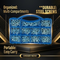 Kit d'assortiment de vis autotaraudeuses à tête cylindrique et vis à bois fraisées, 545 pièces, en acier au carbone zingué, avec boîte de rangement