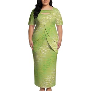 Abito Puletasi a Due Pezzi Personalizzato con Stampa Tribale Polinesiana Verde Chiaro, Taglie Forti, con Scollo Ritagliato per Eventi Aloha - Product Image 1