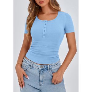 Womens Ribbed Henley Button Short Sleeve T Shirt Slim Fit Casual <b>Top</b> Breathable Knitted Cotton Spandex Blend Fashion Clothing - Product Image 4