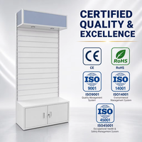 Présentoir de sol blanc en panneaux rainurés avec armoire de rangement verrouillable et boîte lumineuse éclairée pour la merchandising en magasin de détail