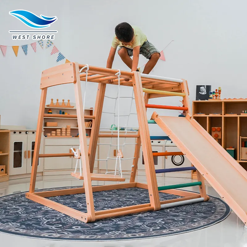 Bingkai Panjat Tebing Kayu untuk Anak-anak, Rangka Mendaki Montessori Dalam Ruangan Kayu untuk Bayi
