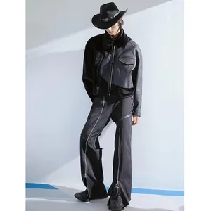 DiZNEW नई डिजाइन फैशन सर्दियों चमड़े का जैकेट पु चमड़े सिले ऊन पुरुषों की काली जैकेट