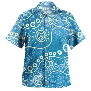 Camisa hawaiana aborigen única de Australia, Escena de río con estampado completo en estilo artístico de puntos aborigen, camisas Aloha para hombres, Ventas Directas