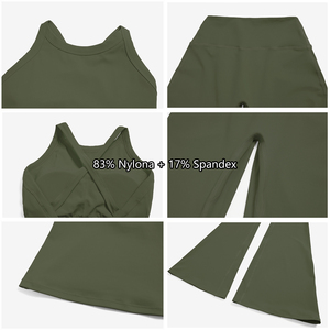 女性フィットネスジム服スポーツタンクトップピラティスソリッド通気性ワイドレッグパンツワークアウトヨガ衣装2点セット - Product Image 6
