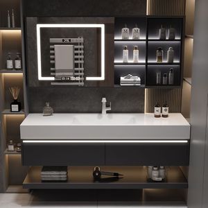 Bathroom Vanity <b>Combination</b> Grey Slab Countertop With Mirror Light And Storage Shelf - Product Image 2