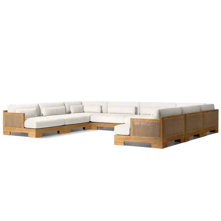 Lüks açık hava mobilya seti veranda Modern tik ağacı mobilya U şekilli modüler kesit bahçe kanepe seti