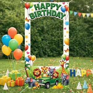 Toile de fond photo thème animaux de la jungle, motif dessin animé, pour fête d'<span class=keywords><strong>anniversaire</strong></span>, avec animaux 3D mignons, décoration de visage évidée, <span class=keywords><strong>Joyeux</strong></span> <span class=keywords><strong>Anniversaire</strong></span> - Product Image 3