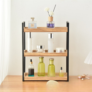 Organizador de cosméticos de madera de tres niveles, estante de almacenamiento de escritorio, combinación de hierro y madera, organizador de maquillaje de 3 pisos - Product Image 1