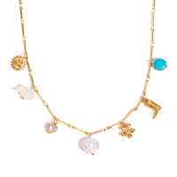Collier chaîne à pendentif JD Fashion Style en acier inoxydable plaqué or 18 carats avec breloques fleur, perle acrylique, abeille, cœur, zircon et soleil