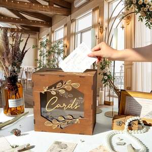 Boîte à cartes de mariage en bois personnalisée avec fente et panneau en acrylique - Boîte à souvenirs vintage gravée au <span class=keywords><strong>laser</strong></span> pour enveloppes d'argent - Product Image 4