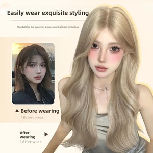 Parrucca <span class=keywords><strong>da</strong></span> donna a testa intera, stile coreano, biondo platino naturale, con raccordo centrale e grandi onde, per <span class=keywords><strong>bambina</strong></span> di razza mista - Product Image 2