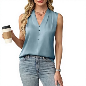 Top elegante sin mangas con cuello en V y botones de satén para mujer Primavera/Verano - Product Image 1