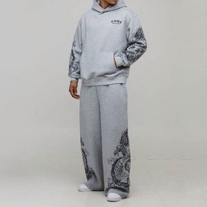 Sweat-shirt à capuche gris chiné imprimé dragon, pantalon de survêtement oriental à jambes larges, ensemble deux pièces personnalisé pour homme - Product Image 4