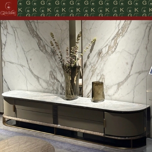 Console <span class=keywords><strong>TV</strong></span> en marbre blanc veiné GOLDKING, style moderne et luxueux, façade incurvée, armoire beige, base dorée, découpe sur mesure OEM - Product Image 4