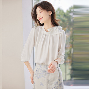 Springtime Bow Tie Blouse Women Long Sleeve Satin Solid Color Work Shirt Orange <b>White</b> - Product Image 4