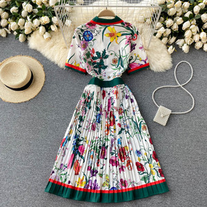 8610 #   Abito Plissettato da Passerella Estiva, Vestito <span class=keywords><strong>Midi</strong></span> da Donna con Maniche Corte, Colletto <span class=keywords><strong>a</strong></span> Camicia, Stampa Floreale, Slim Fit per Feste - Product Image 2