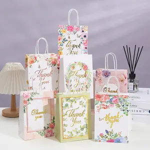 Flower Plant Bronzing Thank You Paper Handle Bags Candy Sweet Gifts Favor Packaging Tote Bag for Festive Birthday Party