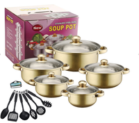 Set Peralatan Masak Stainless Steel Anti Lengket 18 Pcs Warna-Warni Custom Grosir Dengan Gagang Emas, Termasuk Panci Sup