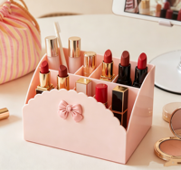 MONR Organisateur de maquillage mignon avec nœud décoratif, en plastique festonné, multi-compartiments, pour bureau et salle de bain, support cosmétique