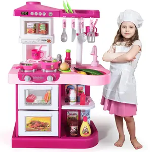 53 PCSピンクキッチンおもちゃアクセサリーセットプレイおもちゃキッチンリトルチェルフプレイセットW/ふり食べ物、音、子供用ライト