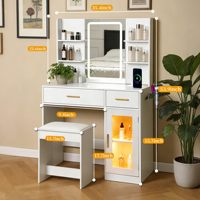Coiffeuse LED blanche avec miroir haute définition à trois couleurs et intensité réglable, port de charge USB, tabouret moderne pliable en MDF, double couche