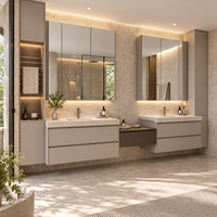 Ensemble de meuble-lavabo mural flottant minimaliste et chaleureux avec double vasque, miroir LED et tiroirs à fermeture douce