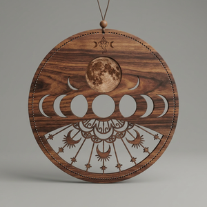 Décoration murale circulaire en bois avec phases lunaires et motif Ganesha, style bohème pour le salon - Product Image 1