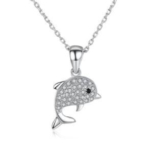 Collana con Ciondolo a Forma di Delfino in Argento 925 Placcato Rodio con Cristalli e Strass, Catena a Maglia per Uso Quotidiano Femminile - Product Image 1