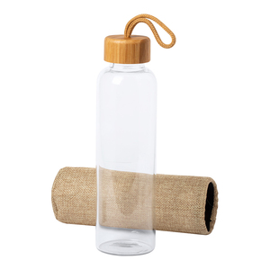 Ecologische herbruikbare borosilicaat glazen waterfles, BPA-vrij, met bamboe deksel en jute hoesje - Product Image 3