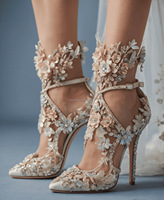 Superbes sandales de mariée sexy à talon, avec strass, perles, fleurs et cristaux, à bride de cheville, broderie florale en dentelle, pour bal de promo