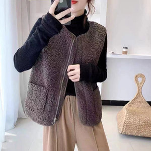 2025 Spring Autumn Winter New Women's Retro Style Fur Integrated Vest with Zipper Closure Knitted Thick Coat