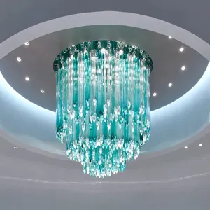 Avrupa villa salonu özel proje modern tavan el yapımı cam şerit mavi yeşil avize ışığı
