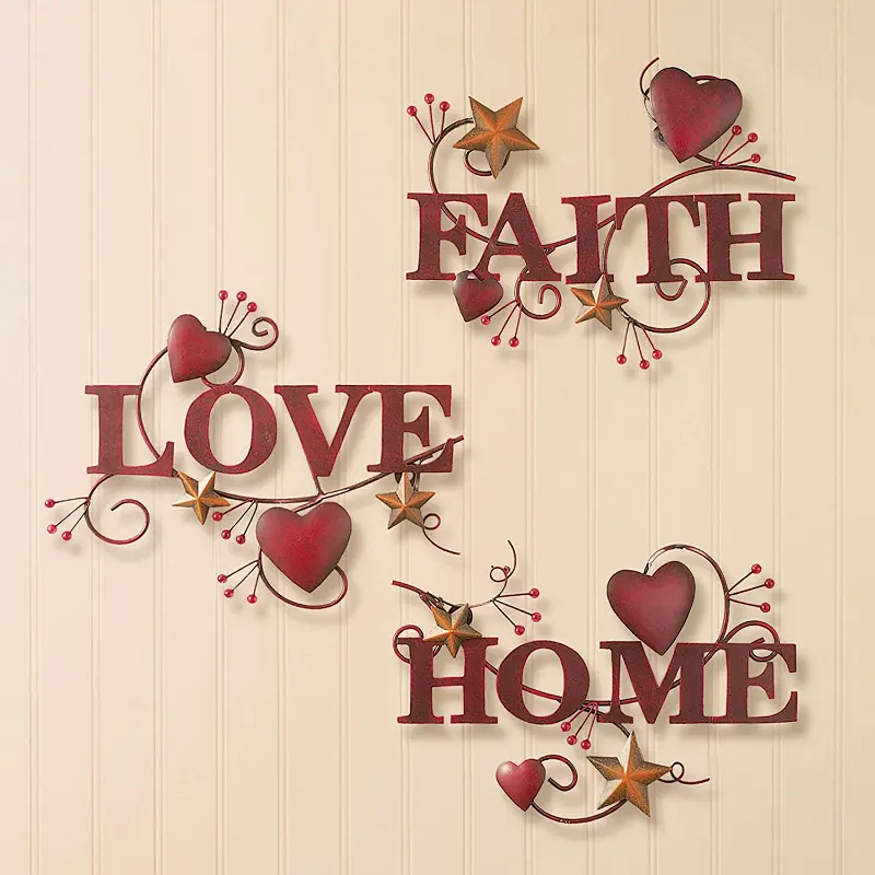 Conjunto pintado à mão de 3 vermelhos casa amor e fé decoração de casa arte de parede de metal atacado