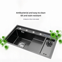 Évier de cuisine double moderne fait main en acier inoxydable 304 noir nano avec robinet intelligent multifonction - Grande Vente