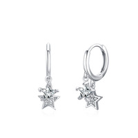 Pendientes de Aro de Plata de Ley 925 con Doble Estrella Brillante de Circonita Cúbica para Niña