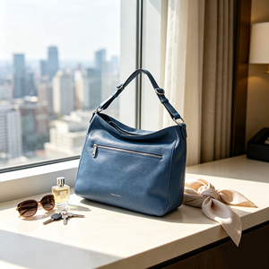 Bolso hobo de cuero genuino azul con textura granulada, con correa extraíble adicional, bolsillo frontal con cremallera, bolso de hombro para mujer - Product Image 2