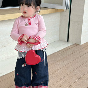 Girls' Pink Long Sleeve Tops With Ruffle Hem Breathable Spring Autumn Base Layer Clothes For Baby Girls - Product Image 2