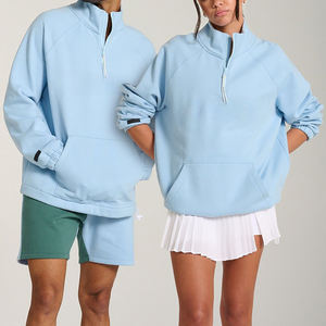 Pull à col montant en terylène doux pour couples, printemps 2026, 1/4 de zip, bleu ciel, simple, avec poche kangourou - Product Image 1