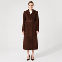 Manteau trench décontracté pour femme en cuir nubuck véritable marron noyer, à bouton unique et ceinture à boucle recouverte, coupe-vent et respirant pour l'automne