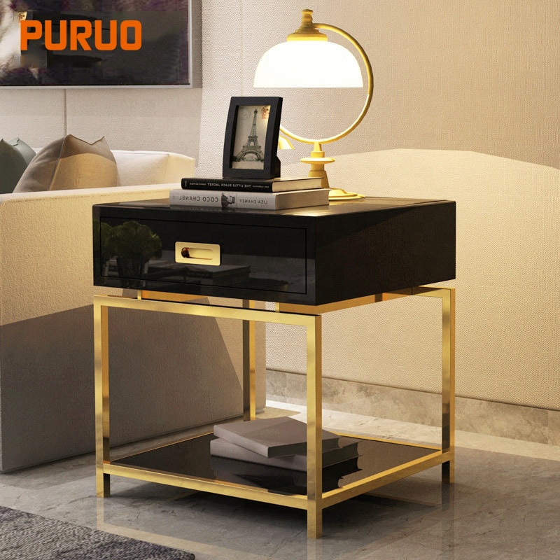 PURUO кровать номер с двойными ящиками деревянная Золотая тумбочка из нержавеющей стали