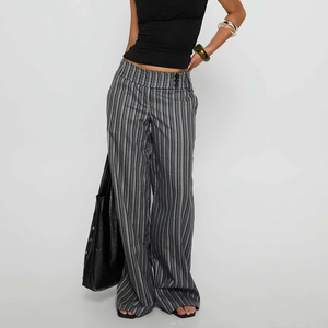 Pantalon large vintage gris à rayures verticales, taille haute, avec détails boutonnés, coupe décontractée rétro pour le bureau et le style urbain - Product Image 1