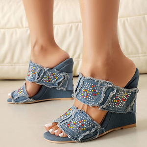 Sandales compensées en jean à bout ouvert pour femmes, grande taille 46, avec strass colorés, chaussures à talon haut et coupe large - Product Image 1